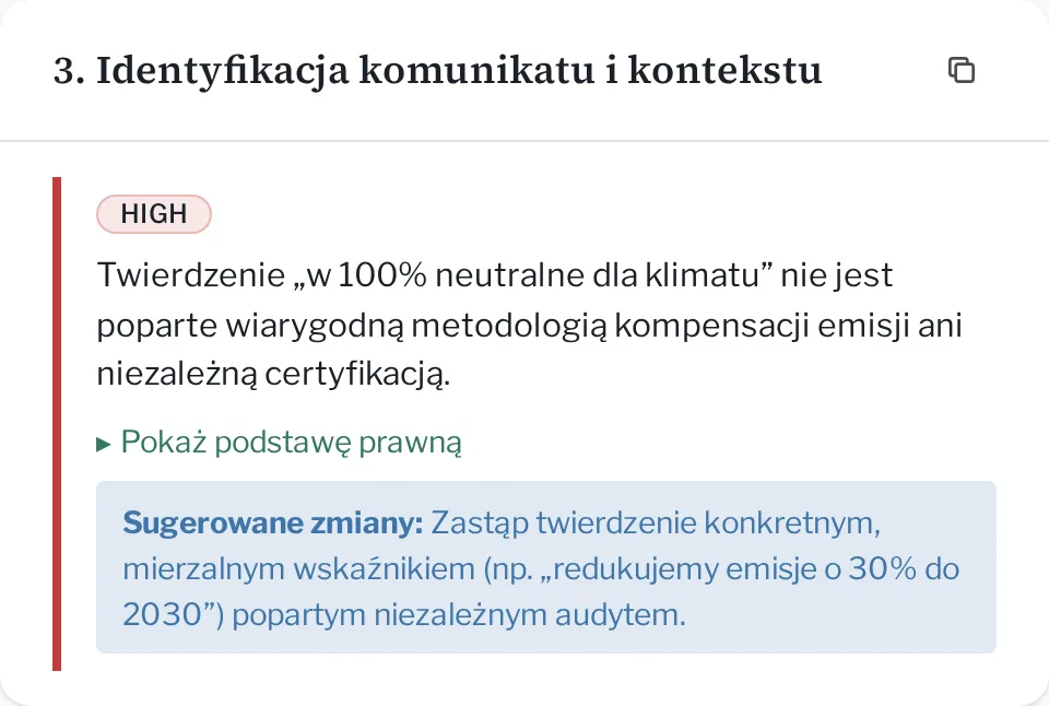 Zrzut ekranu audytu Vardic: twierdzenie „w 100% neutralne dla klimatu” oznaczone jako ryzyko wysokie, z podstawą prawną i sugerowaną poprawką.
